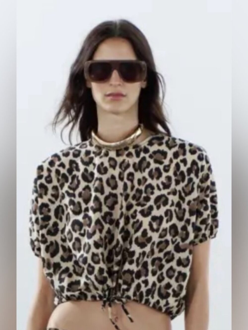 Zara Leopard Print Drawstring Crop Blouse Short Sleeve XL